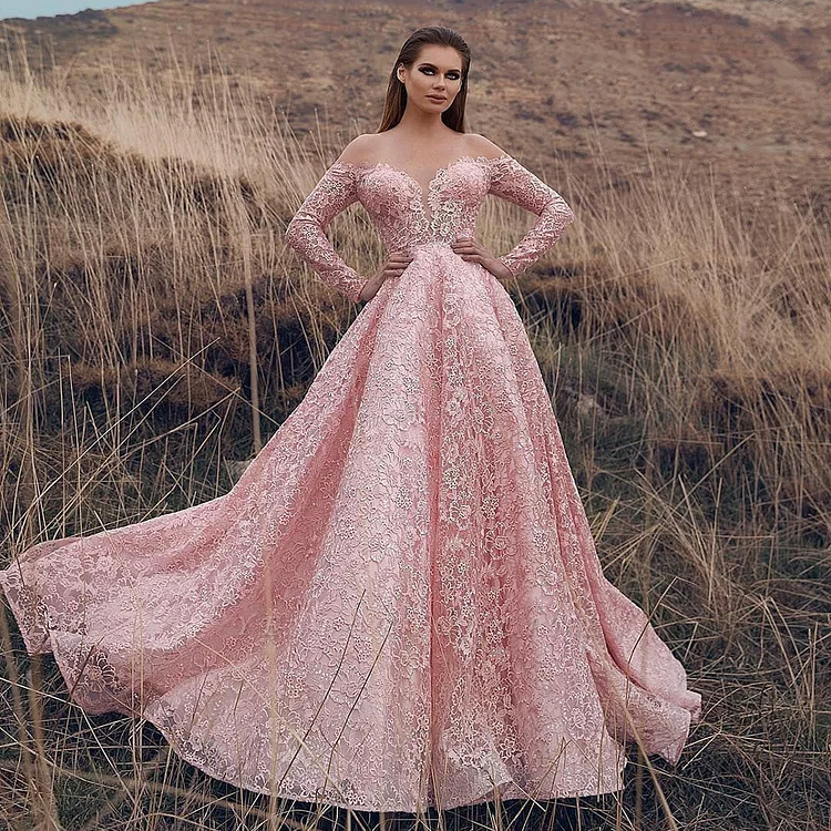 Evening Party Elegant Sexy Off Shoulder Slash Neck Full Sleeve Lace Prom Wedding Dress