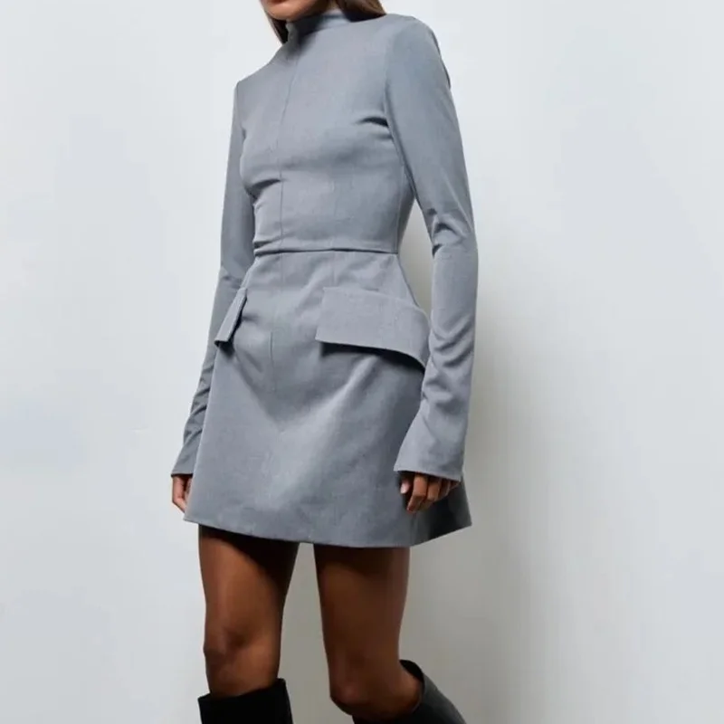 Uveng Uveng Women's Wear Elegant High Waist Sexy Mini Skirt Women's Fashion Round Collar Short Sleeve Zip Dress