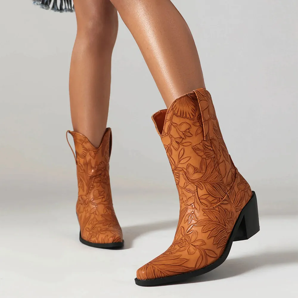 Brown Square Toe Chunky Heel Floral Embossed Women's Western Boots