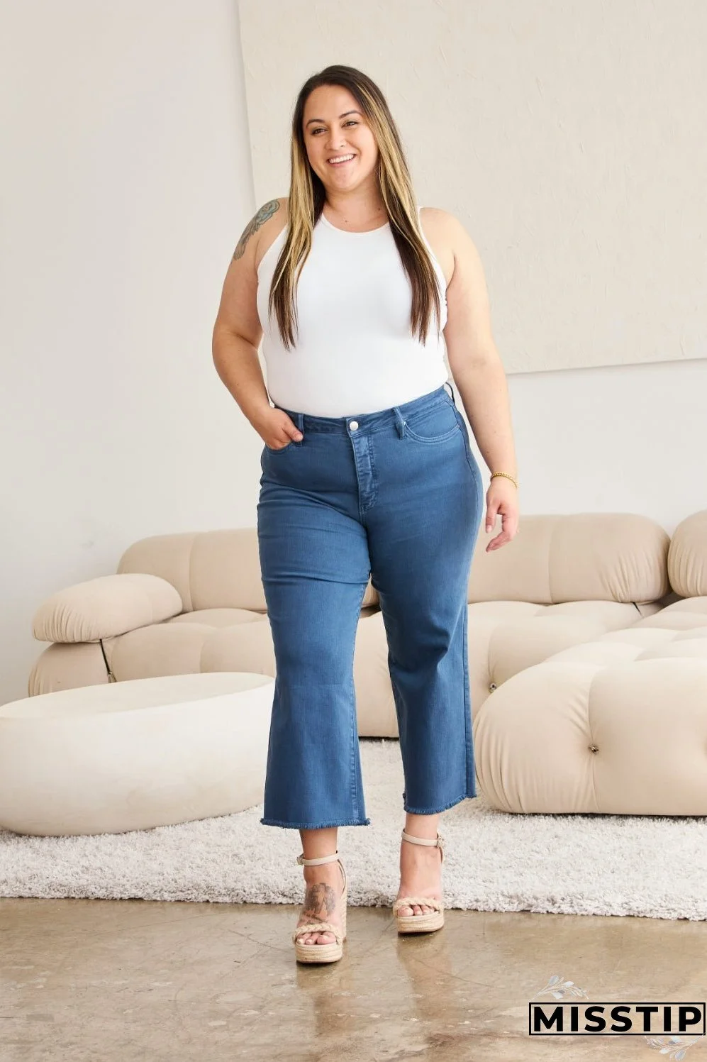 RFM Crop Chloe Full Size Tummy Control High Waist Raw Hem Jeans