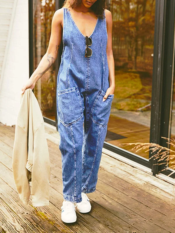 Women's Sleeveless V-neck Cowboy Jumpsuit