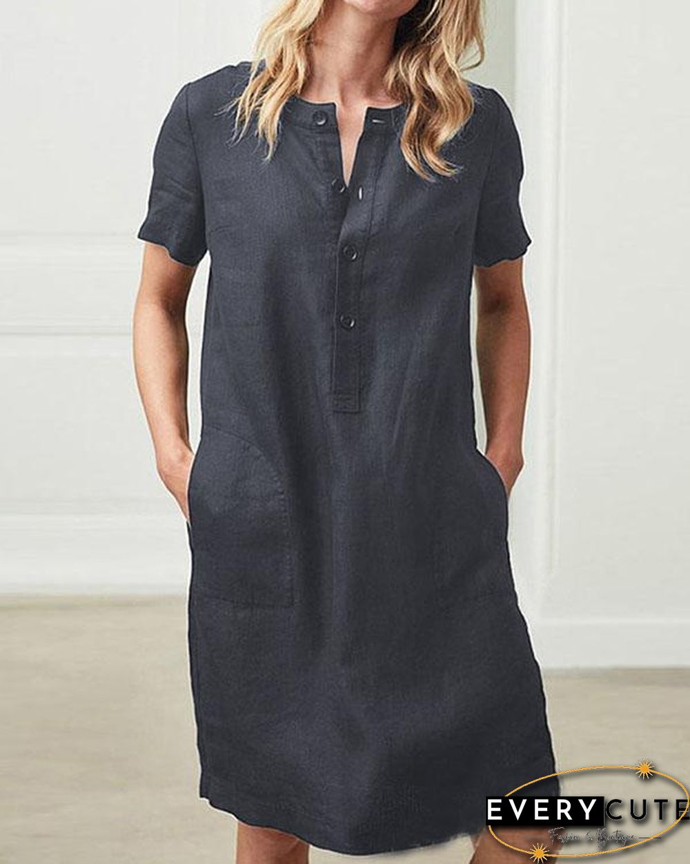 Short Sleeve Button Linen Dresses