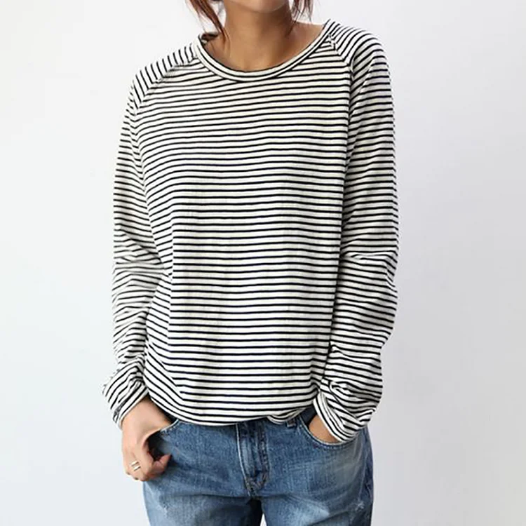 Comstylish Casual Stripe Printed Round Neck Long Sleeve Tunic