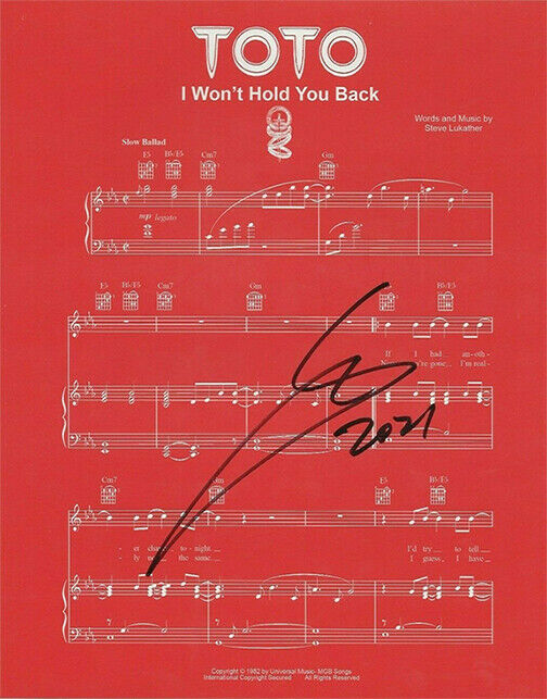 Steve Lukather of Toto band REAL SIGNED I Won't Hold You Back Sheet Music COA