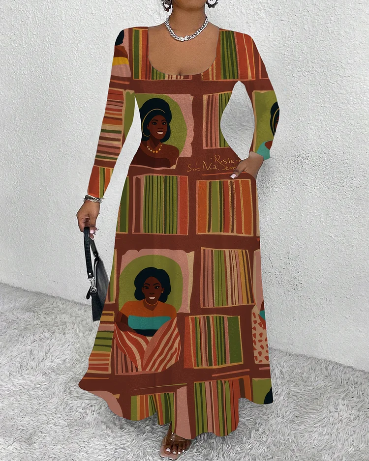 Rown Girl with Book Round Neck Long Sleeve Maxi Dress