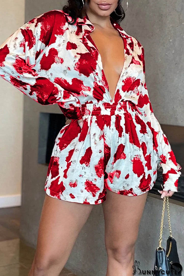 Red Fashion Casual Print Patchwork Buckle Turndown Collar Long Sleeve Two Pieces