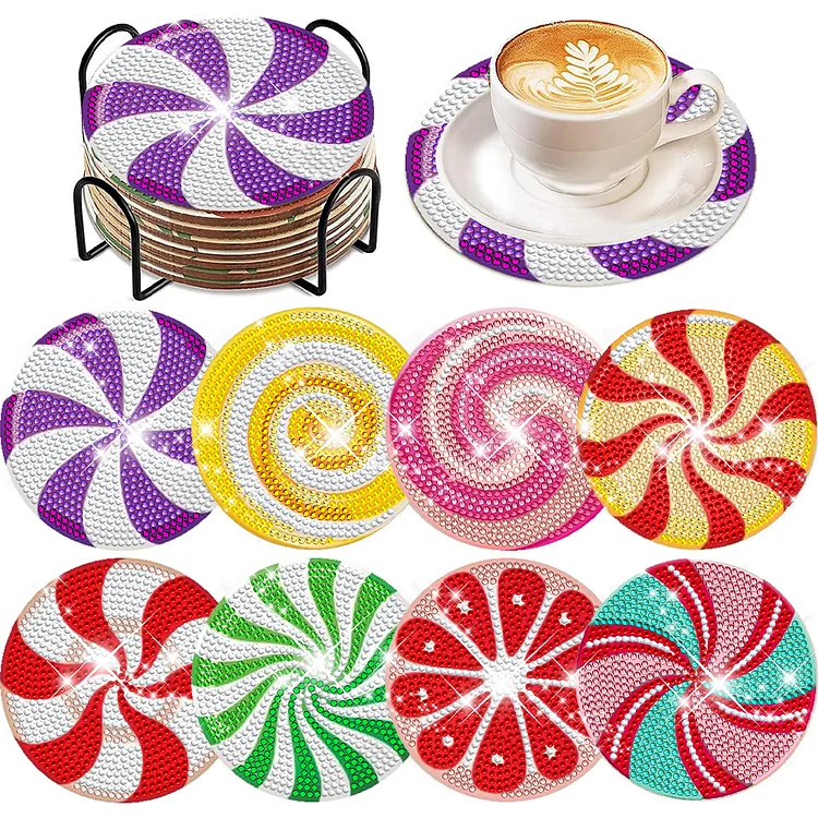 8 Pcs Animal Texture Wooden Biscuit Diamond Painting Art Coaster Kit with Holder