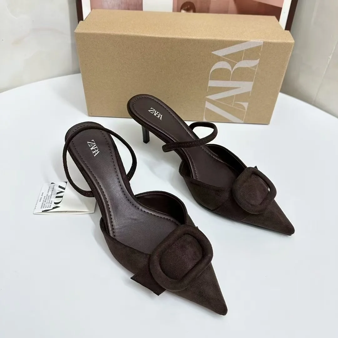 Breakj Breakj Home 2025 Summer New Women's Shoes Exposed Light Sandals Brown Pointed High Heels Muller Shoes