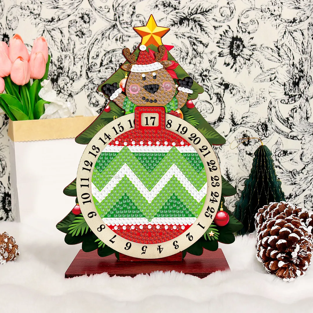 Elk DIY Christmas Countdown Diamond Painting Tabletop Ornaments Kit 25 Days Crystal Art Craft Decoration Wooden for Living Room Home Office Decoration