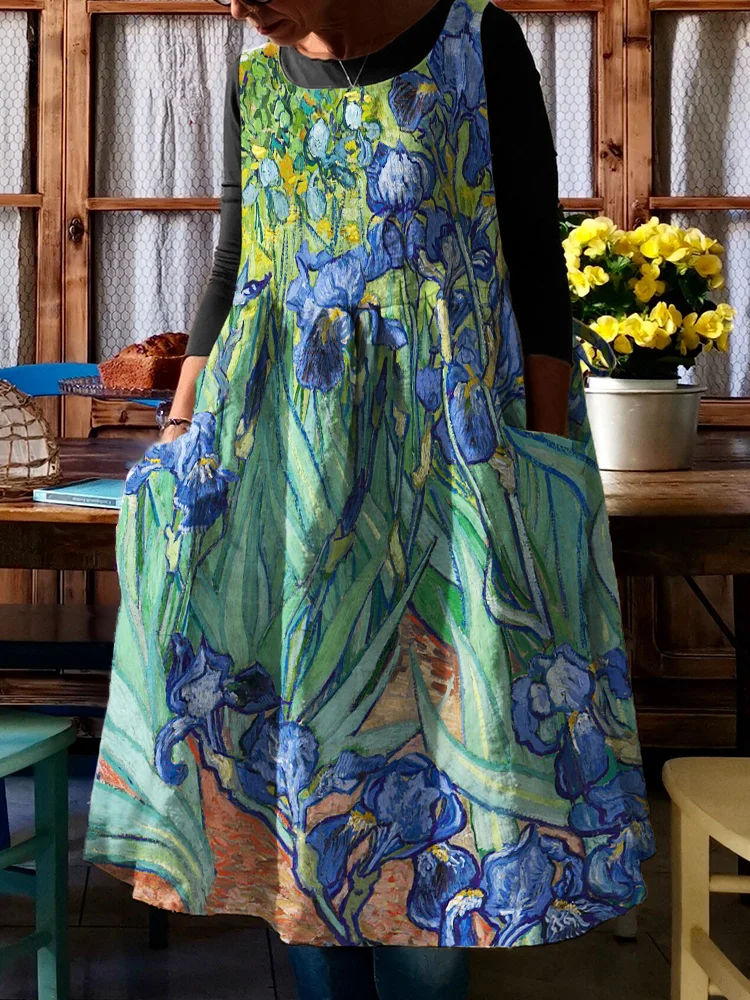 Irises Oil Painting Pinafore Midi Dress