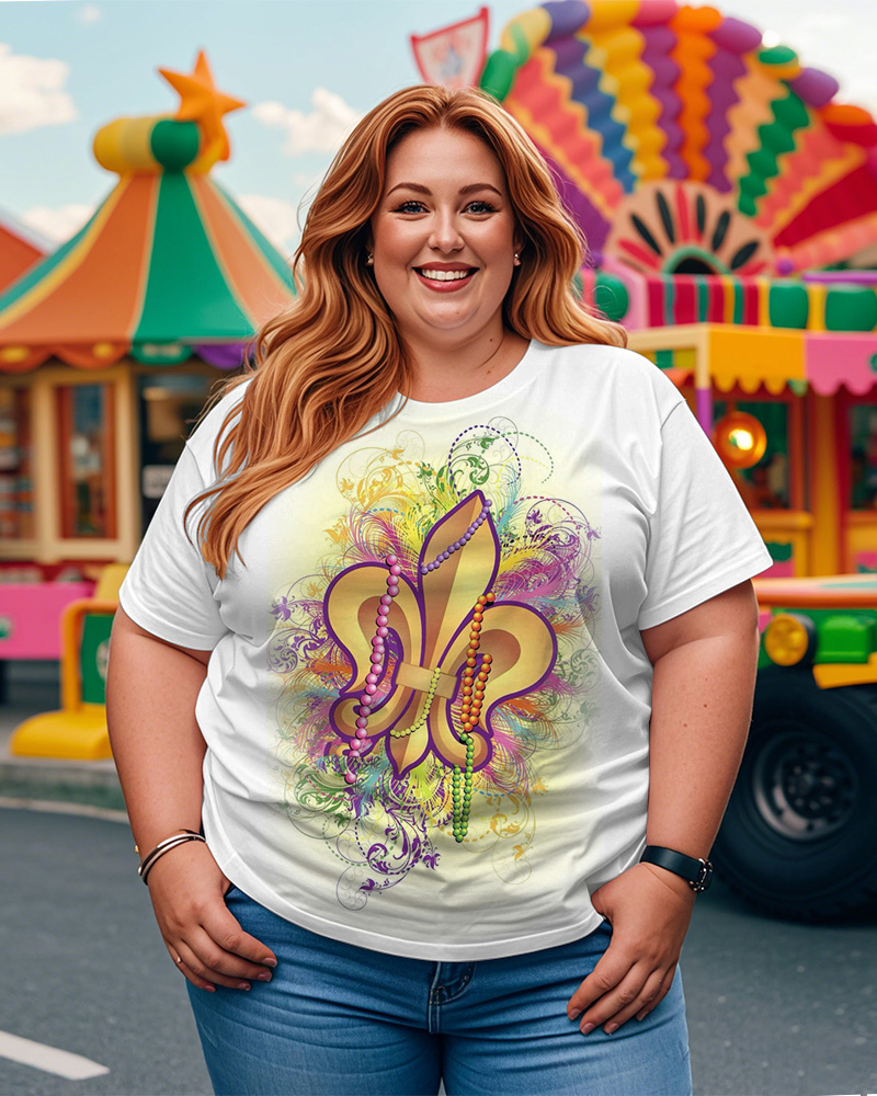 Women's Plus Size Mardi Gras Round Neck Short Sleeve T-Shirt