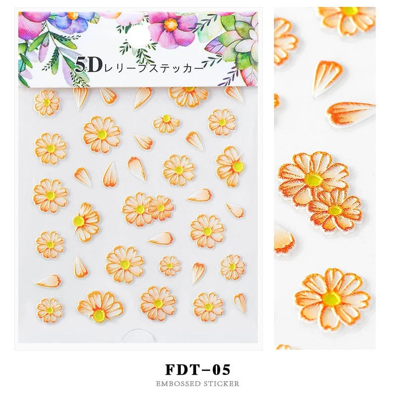 Nail Stickers Embossed 5D Flowers Leafs Designs Back Glue Nail Decals Decoration Tips For Beauty Salons-Nail Inspo