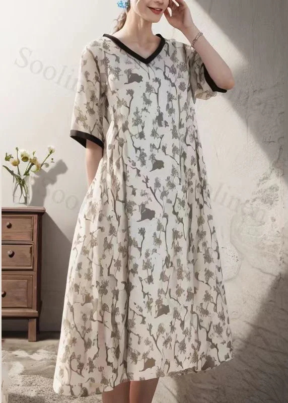 Vintage Beige V Neck Print Silk Maxi Dress Summer