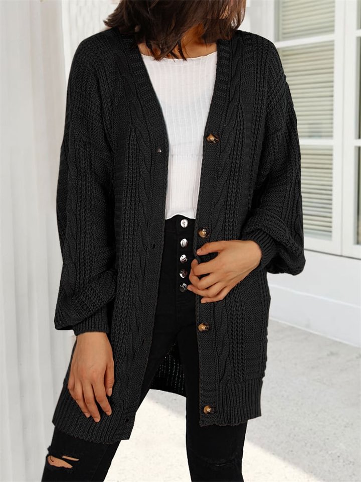 Solid Color V-neck Lantern Sleeve Cardigan Sweater