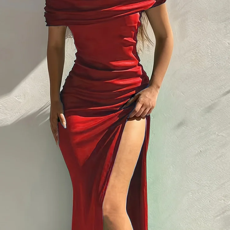 Off Shoulder Slit Maxi Dress, Elegant Formal Party Evening Waist Solid Color Sleeveless Mid-length Dresses, Women's Clothing