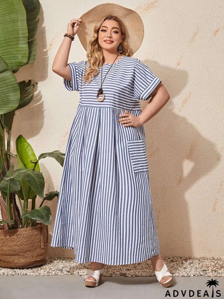 Plus Striped Pocket Side Smock Dress