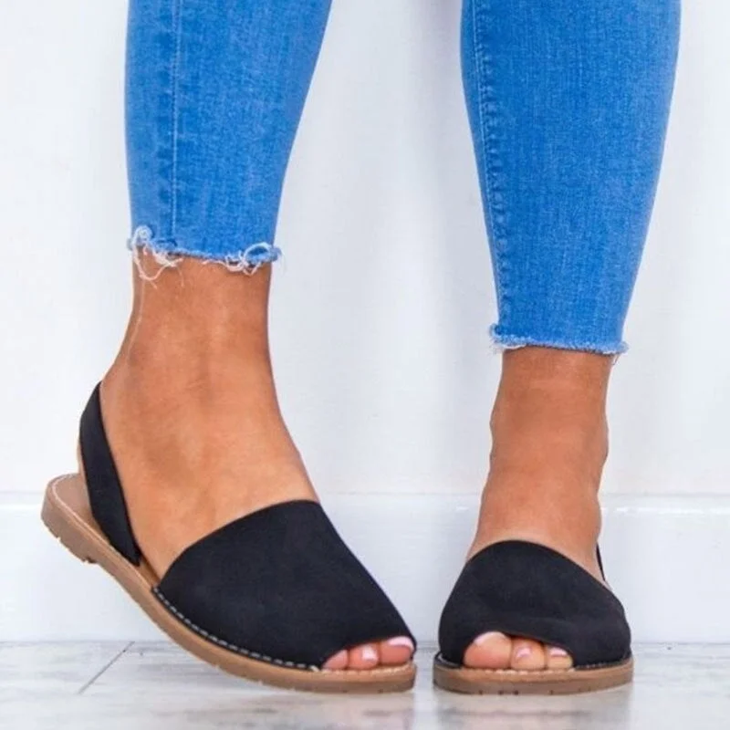 Summer Sandals Women Flats Female Casual Peep Toe Shoes PU Slip on Elastic Bands Leisure Solid Sewing Footwear Plus Size