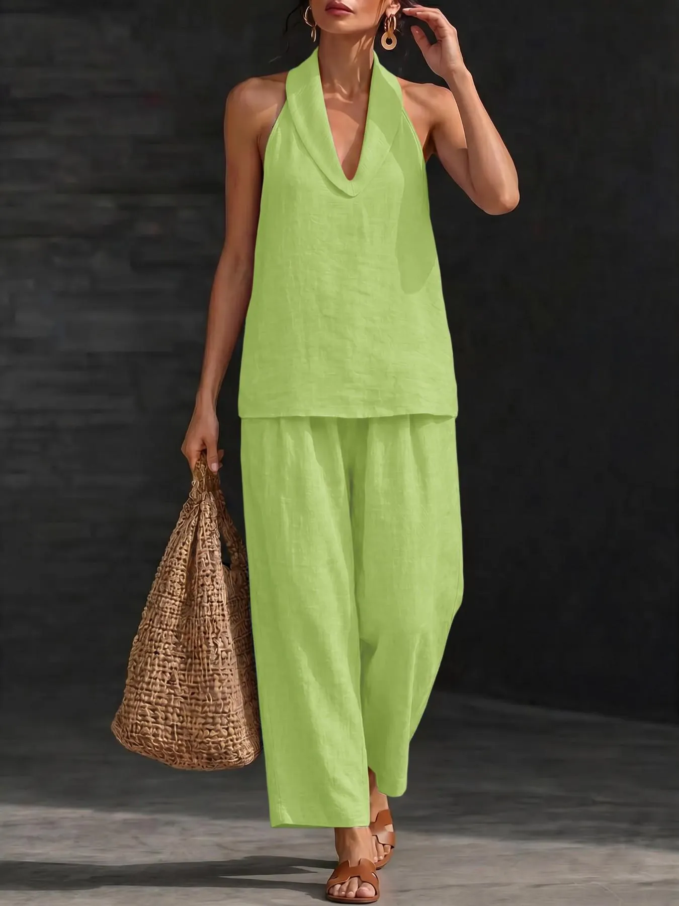 Comfy Chic Women's Summer Faux Linen Halter  V-Neck Top & High Waist Wide Leg Pants Set - Breathable Everyday Urban Lounge Wear for Going Out