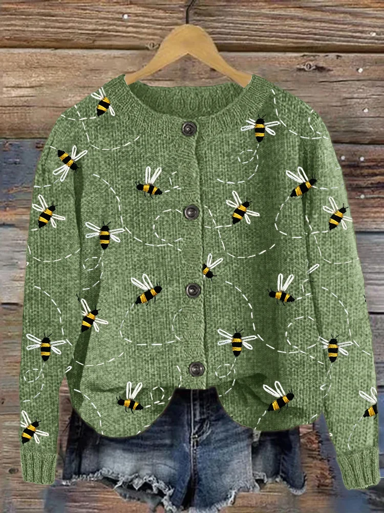 VChics Flying Bees Embroidery Pattern Cozy Cardigan