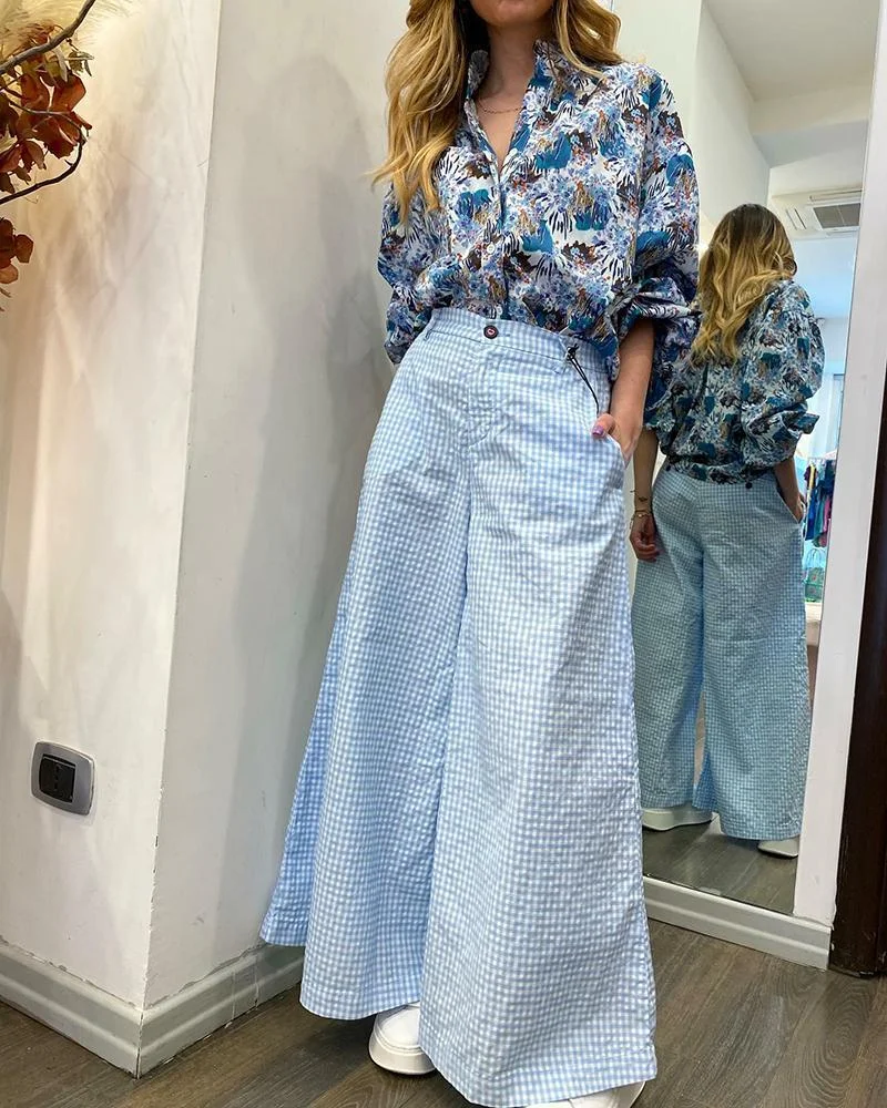Stylish Two-Piece Set of Printed Shirt & Checked Wide-Leg Pants