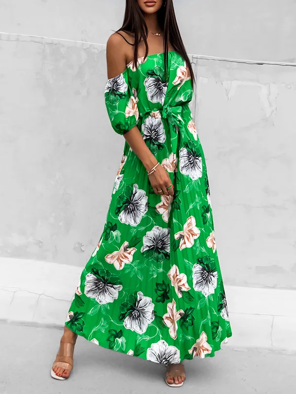 A-Line Loose Elastic Flower Print Pleated Split-Joint Tied Waist Off ...