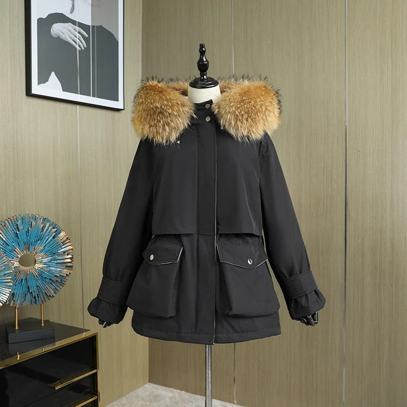 Fitaylor Large Natural Fox Fur Hooded Winter Jacket Women 90% White Duck Down Thick Parkas Warm Sash Tie Up Snow Coat