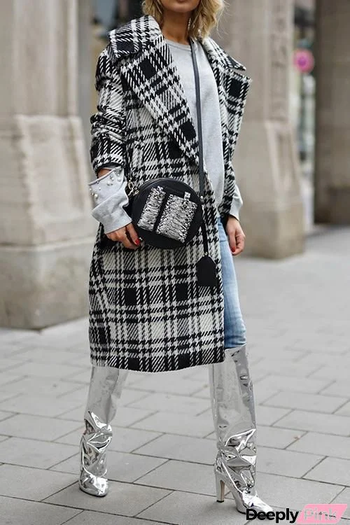Lapel Collar Check Woolen Long Coat