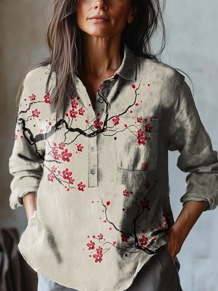 Women's Retro Plum Blossom Art Print Casual Cotton and Linen Shirt