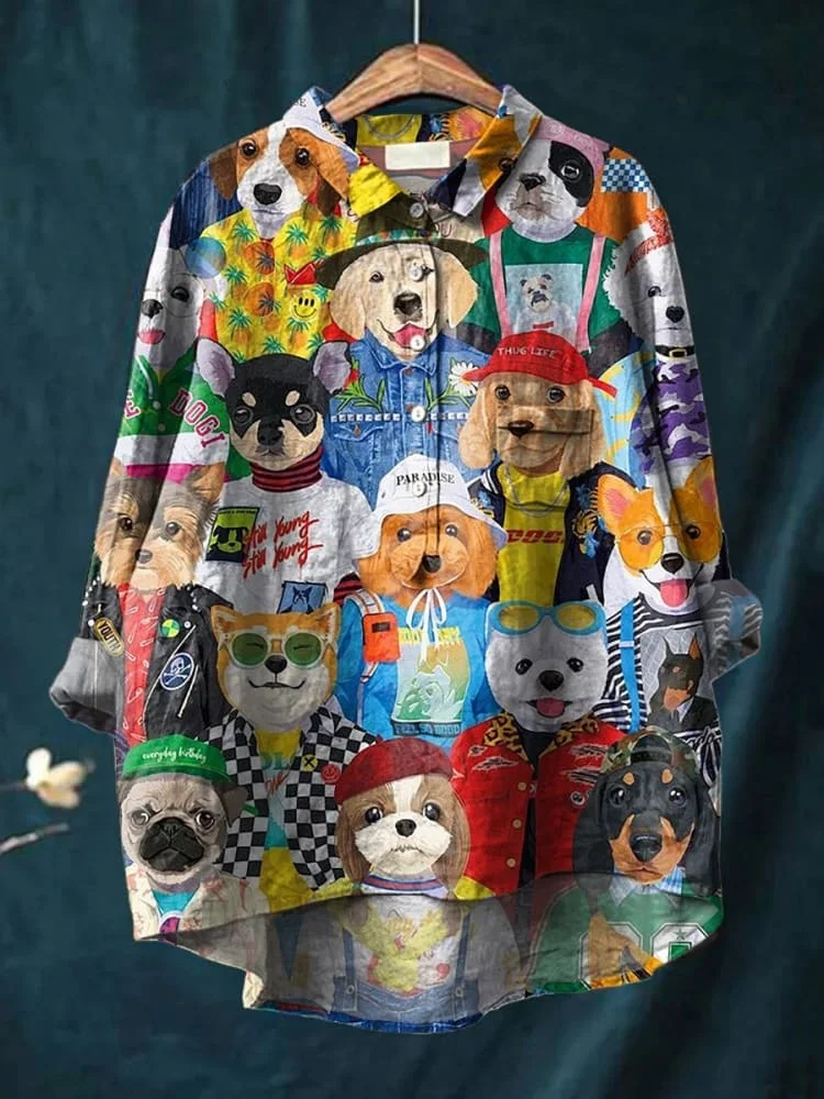 Retro Style Fashion Dogs Pattern Printed Women's Casual Cotton And Linen Shirt