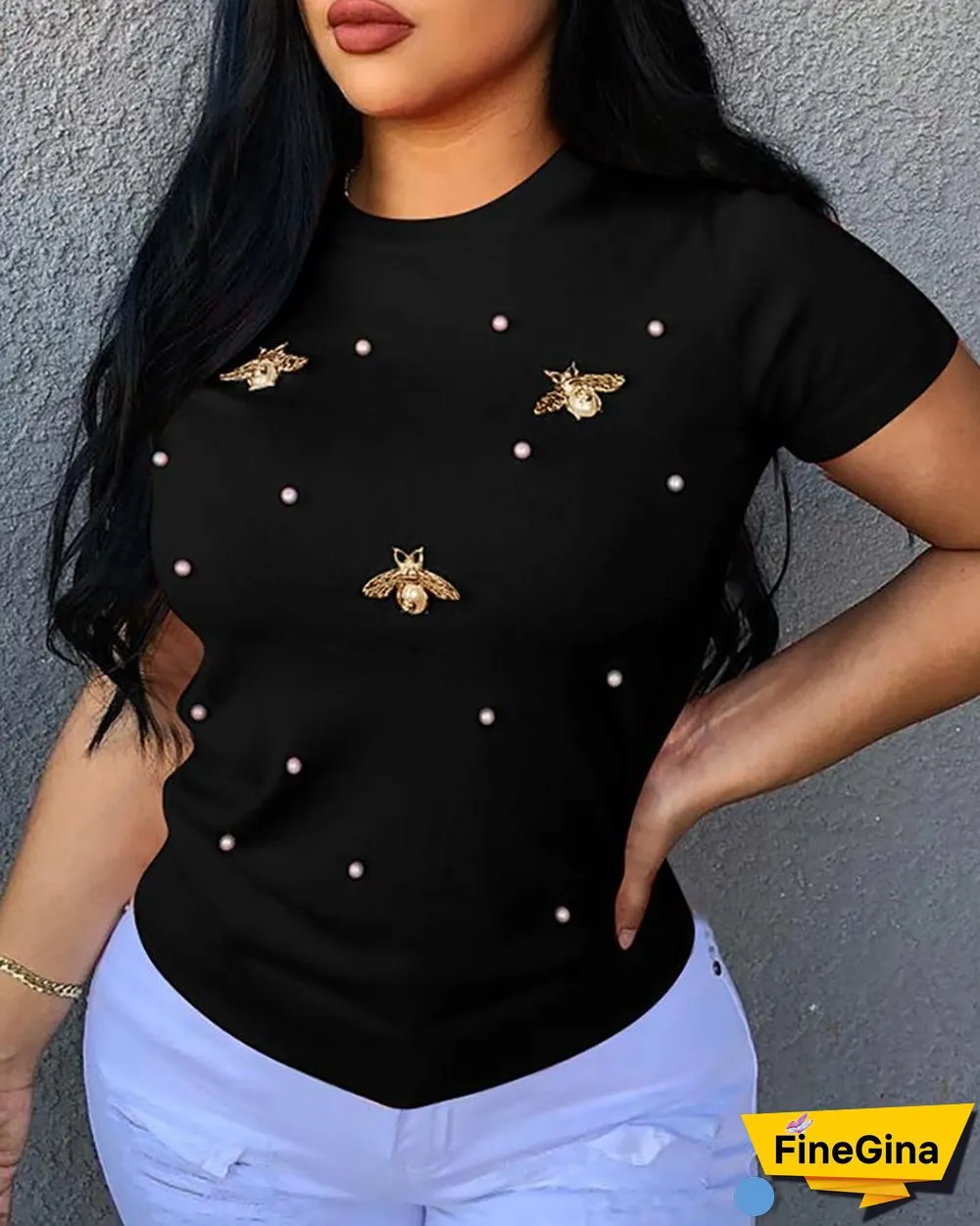 Beaded Detail Short Sleeve T-Shirt P10177