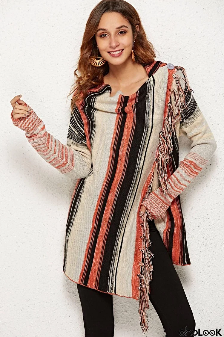 Striped Tassel Detail One-Button Cardigan