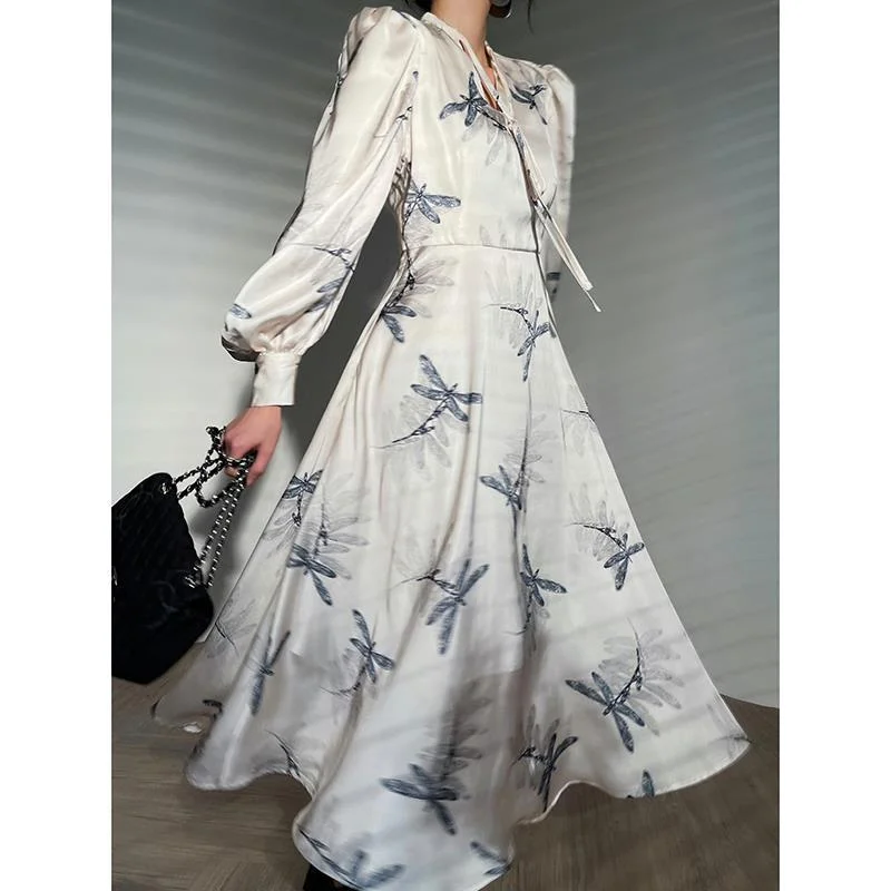 UForever21 Early Autumn Women's Floral Print Satin Dress Deep V Long Sleeve Single Breasted High Waist Back Hollow Out Lady Loose Robe