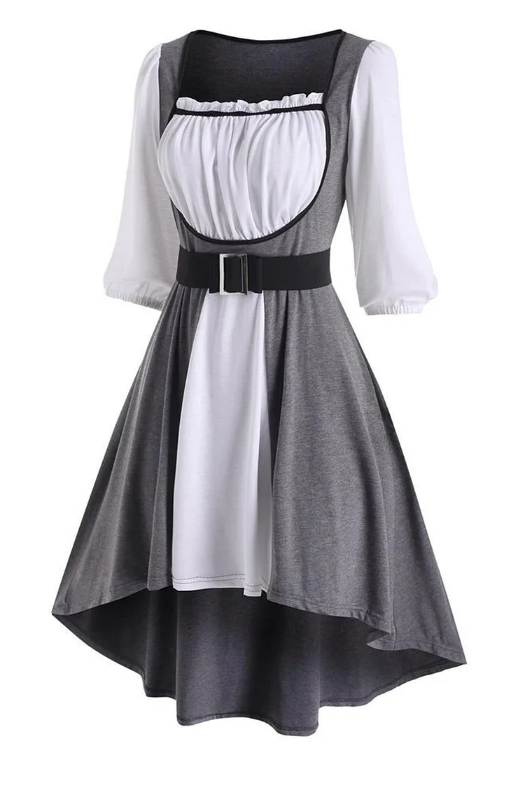 Gothic Grey Party Colorblock Square Neck Fold High Low Swing Midi Dress (With Belt)