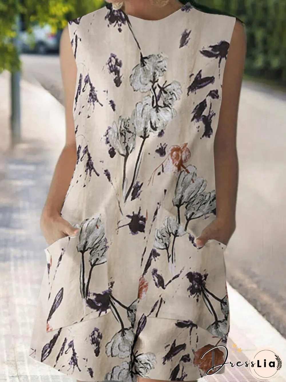 Plant Print Pocket Round Neck Sleeveless Romper