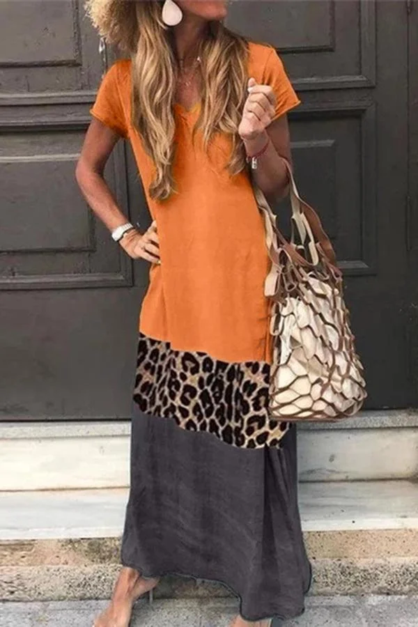 Casual Color Block Leopard Maxi Dress