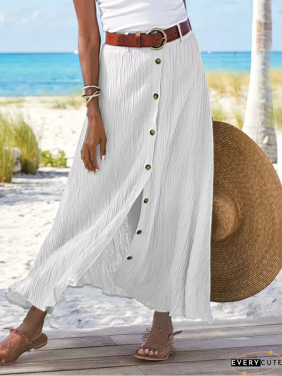Buttoned Cotton and Linen High-Low A-Line Skirt