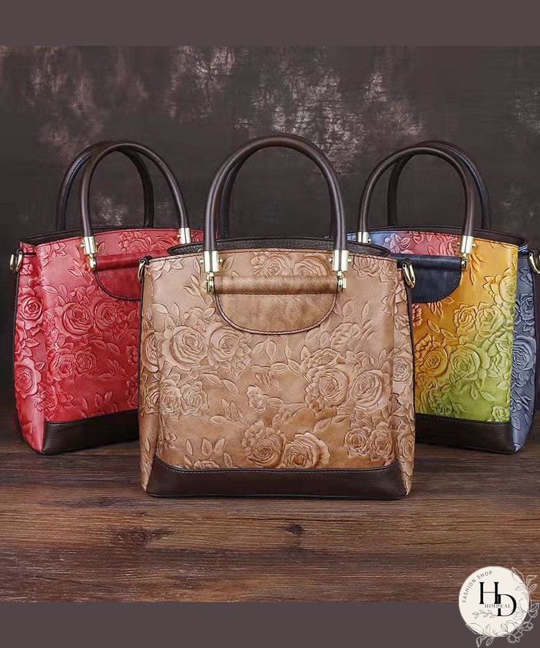 Retro Brown Embossing Paitings Calf Leather Messenger Bag