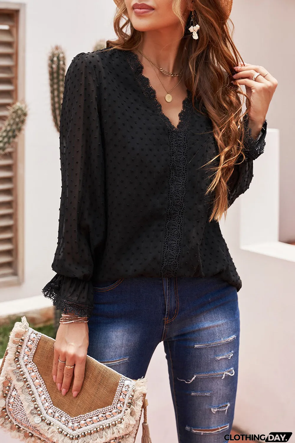 Elegant V-Neck Swiss Dot Lace Blouse