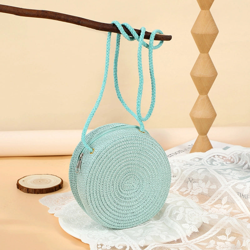 Girl’S Straw Solid Color Cute Round Zipper Shoulder Bag