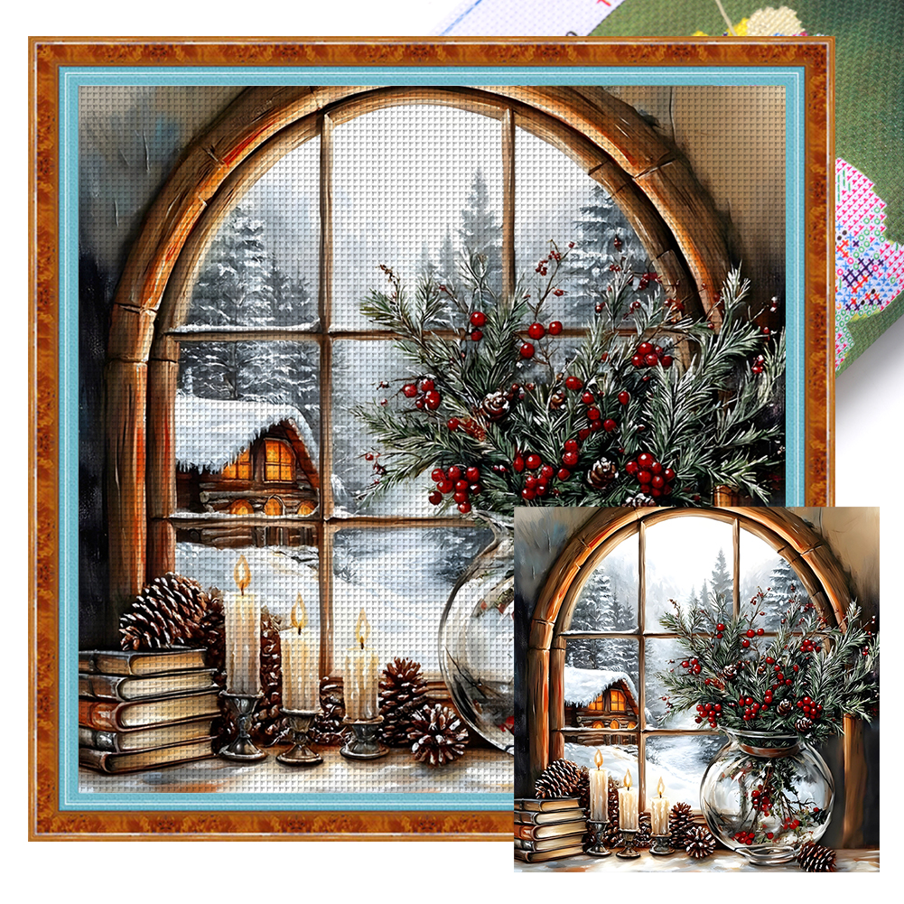 Christmas Window Snow Scenery Full 11CT Pre-stamped Canvas(45*45cm) Cross Stitch