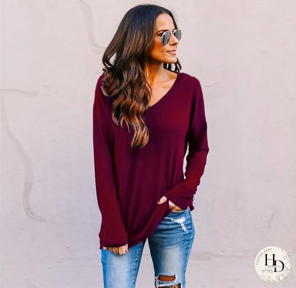 Spring/Autumn Solid V-neck Long Sleeve Backless Top Casual Loose T Shirt Women Tops