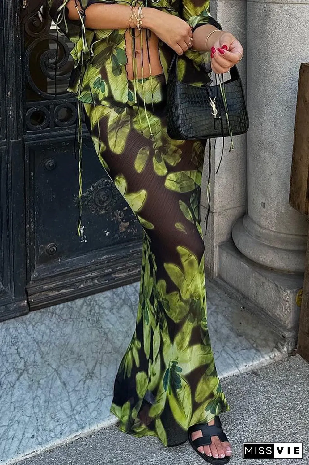 Sexy Floral Draw String Asymmetrical Regular High Waist Full Print Bottoms