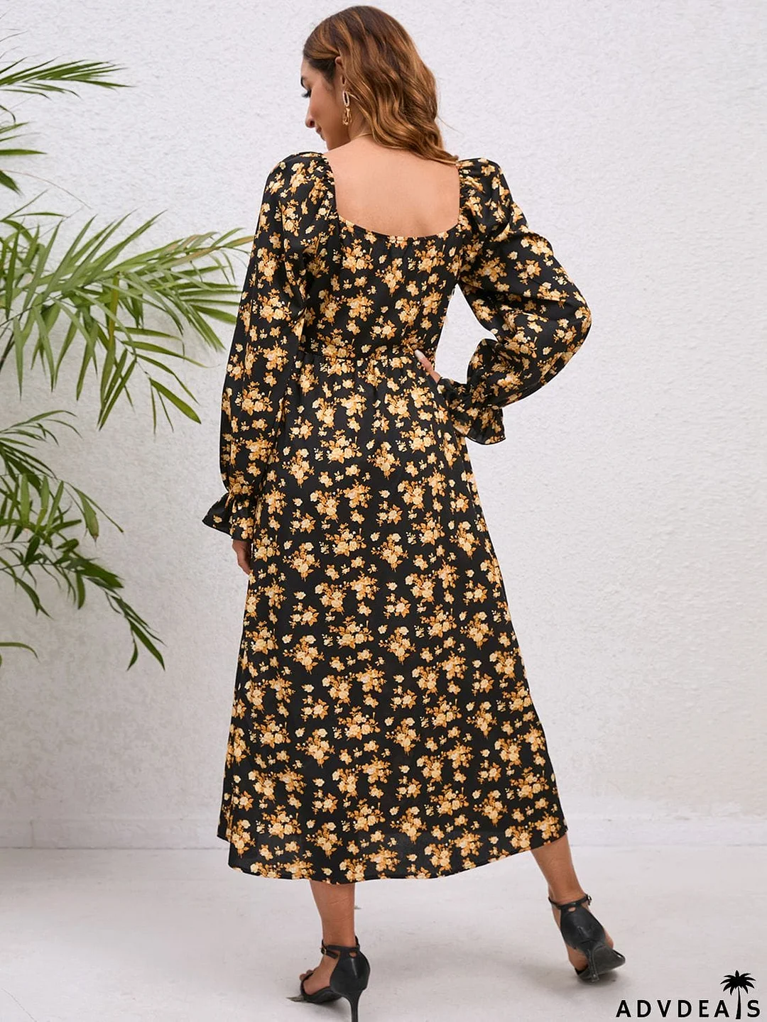 Flounce Sleeve Slit Midi Dress