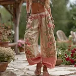 Women's Pink Rose Pattern Casual Linen Pants - Image 2