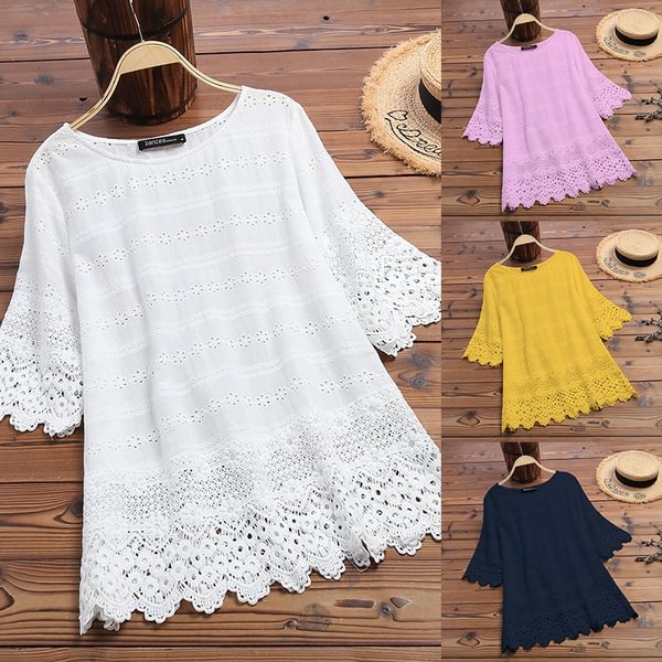 Spring Women V-neck Lace Short Sleeve Hollow T-shirts Sexy Summer Tops Blouses - BlackFridayBuys