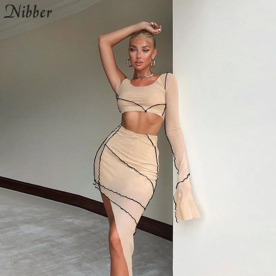 Nibber sexy club mesh see-through Patchwork asymmetry Bodycon 2 pieces set women long sleeve crop top and skinny mini skrit set