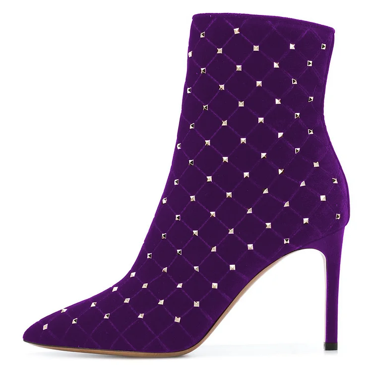Purple Velvet Studded Boots Stiletto Heel Ankle Boots |FSJ Shoes