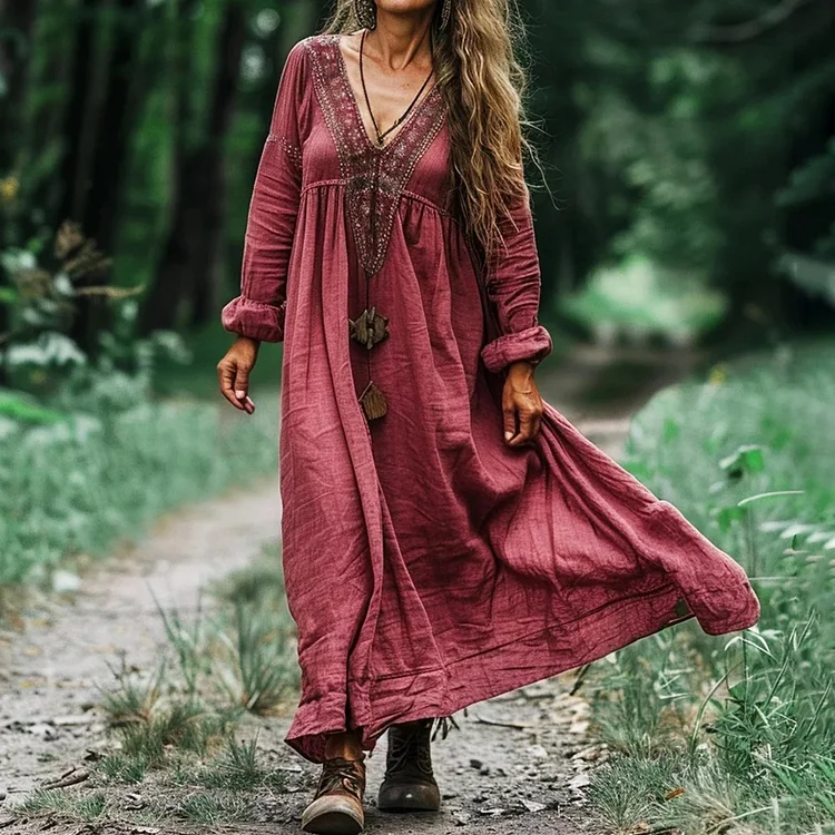 Women's Vintage Bohemian V-neck Linen Blend Ethnic Midi Dress