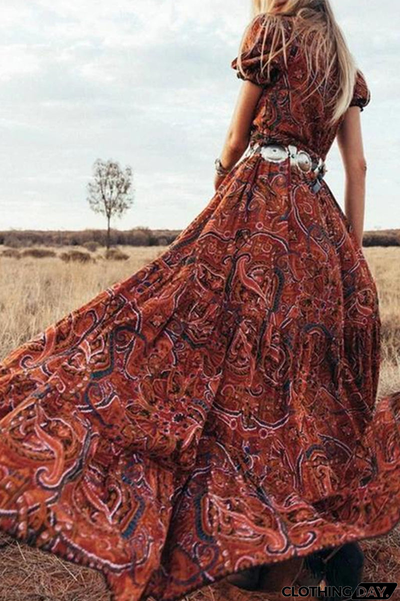 Wisherryy Printed V-Neck Short Sleeve Bohemian Resort Maxi Dress(3 Colors)