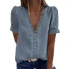 Women's Shirt Pure Color Jacquard V-neck Short Sleeves